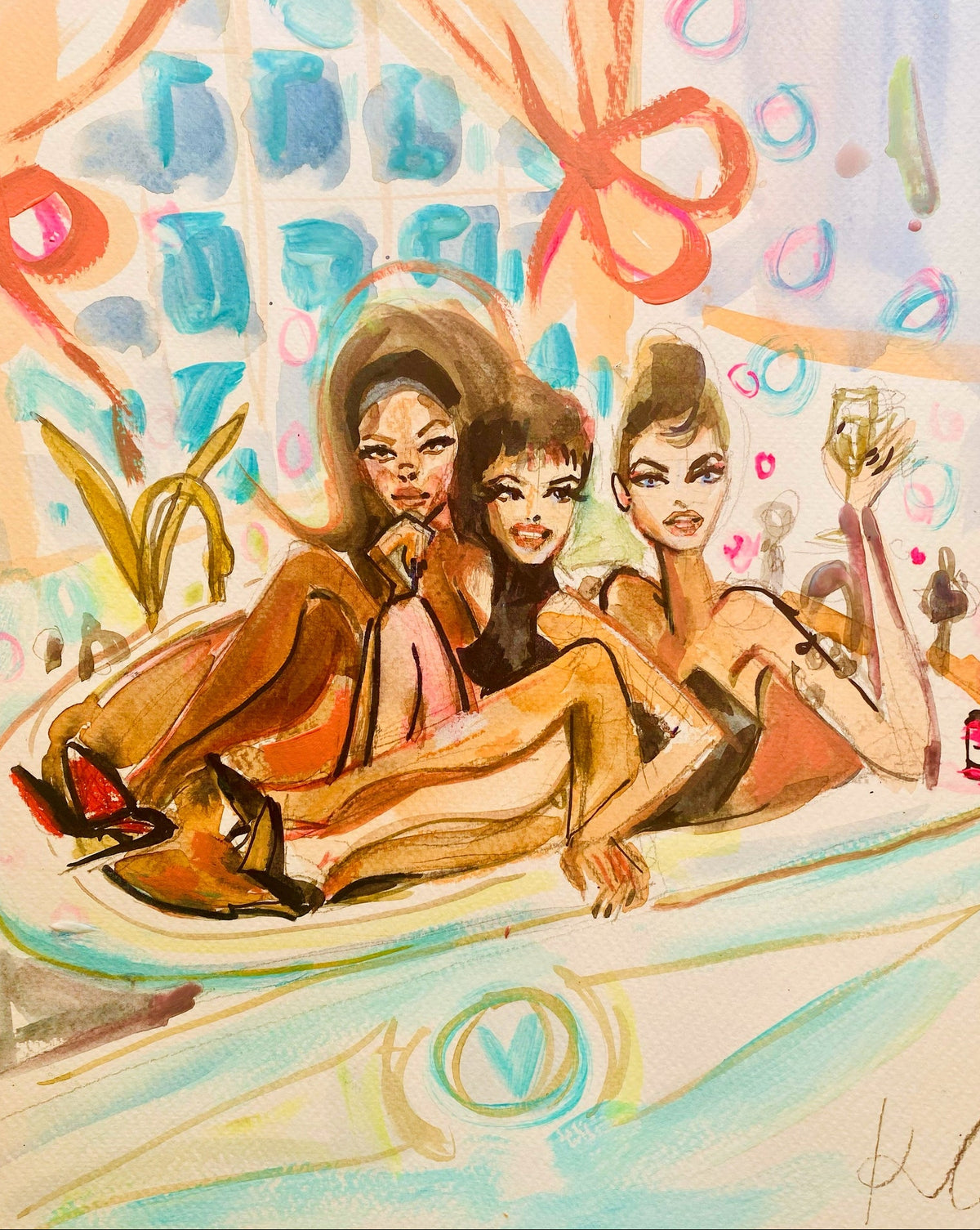 Colorful illustration of three women lounging on a boat with decorative elements.